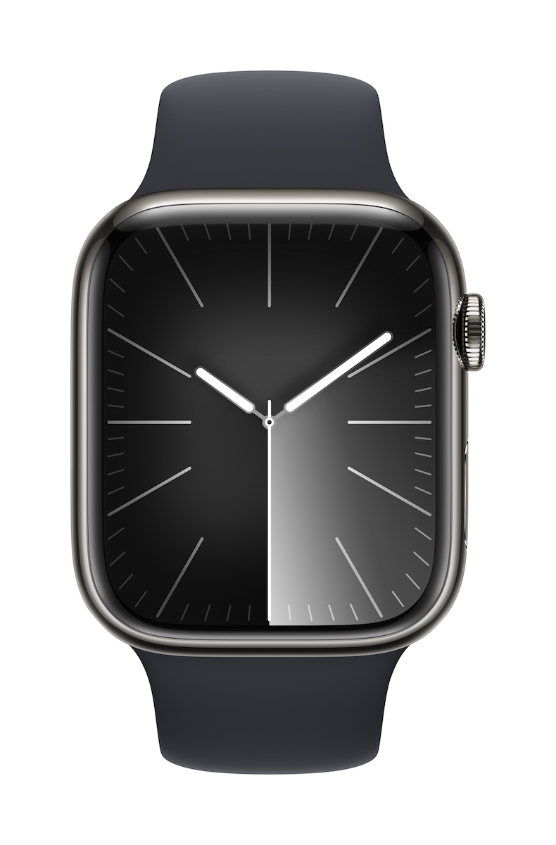 Apple Watch Series 9 Cellular Stainless Steel 45mm Αδιάβροχο με eSIM και Παλμογράφο Graphite με Midnight Sport Band M/L