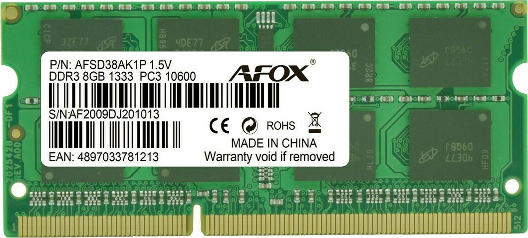 Afox DDR3 με Module 1x8GB και Ταχύτητα 1333 για Laptop Κωδικός AFSD38AK1P