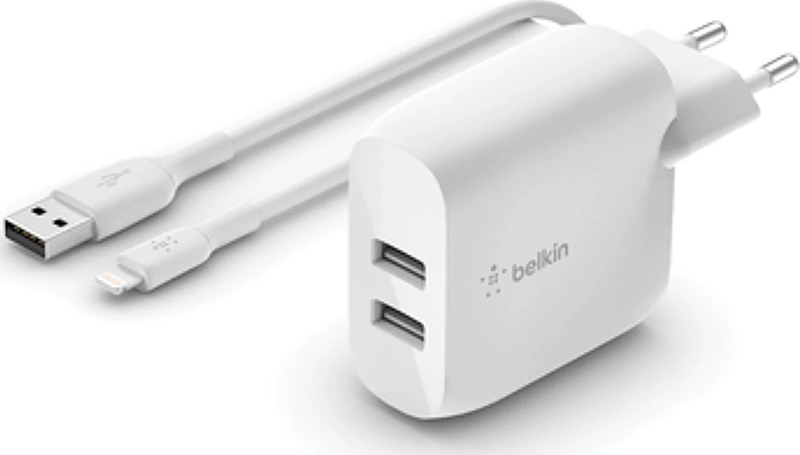 Belkin Φορτιστής με 2 Θύρες USB-A και Καλώδιο Lightning 24W Λευκός Boost Charge