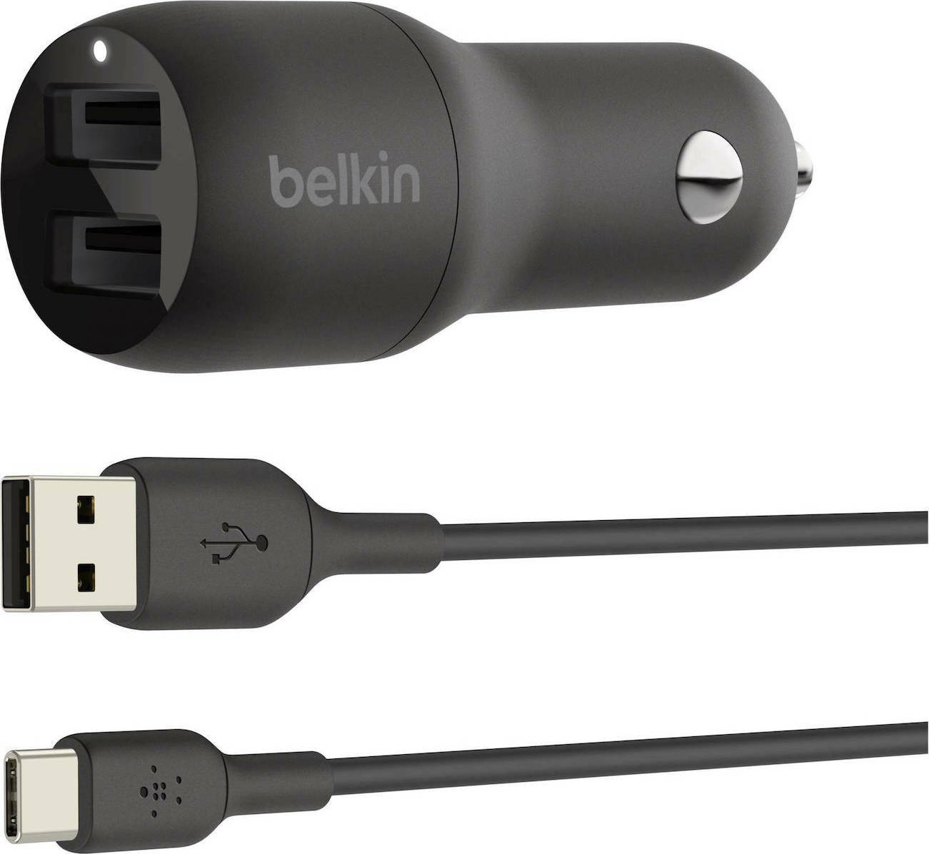 Belkin Φορτιστής Αυτοκινήτου 24W 2.4A με Θύρες 2xUSB μαζί με Καλώδιο Type-C Μαύρος Κωδικός CCE001BT1MBK