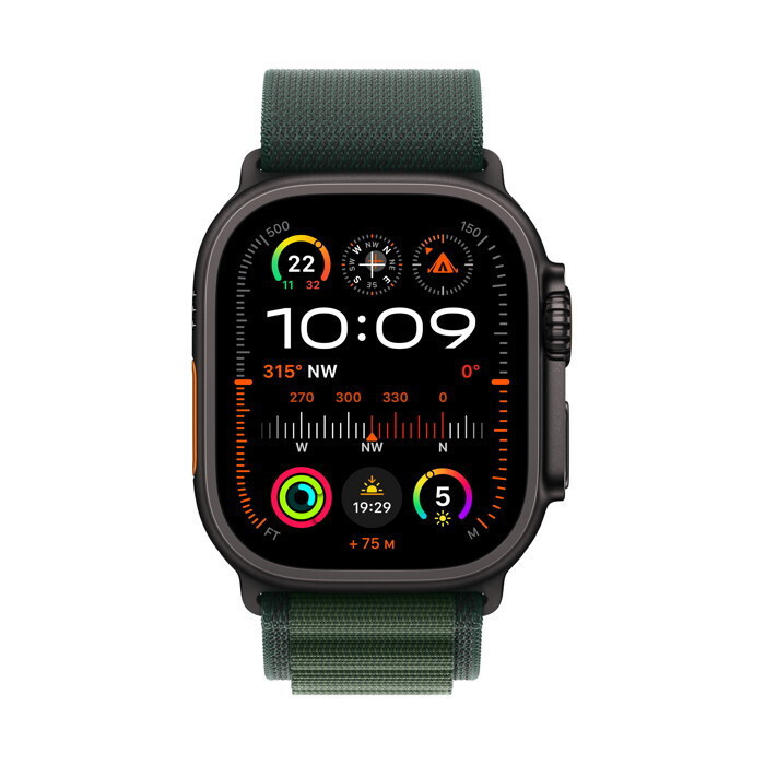 Apple Watch Ultra 2 2024 Titanium 49mm Αδιάβροχο με eSIM και Παλμογράφο Black με Dark Green Alpine Loop - Large