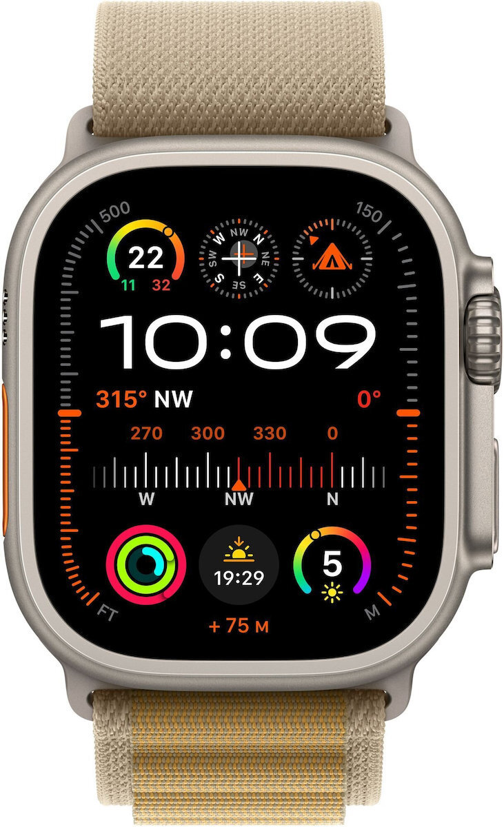 Apple Watch Ultra 2 2024 Titanium 49mm Αδιάβροχο με eSIM και Παλμογράφο Natural με Tan Alpine Loop - Large