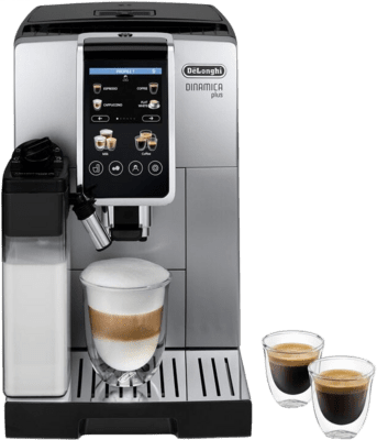 DeLonghi Dinamica Plus Αυτόματη Μηχανή Espresso 1450W Πίεσης 15bar για Cappuccino με Μύλο Άλεσης Ασημί