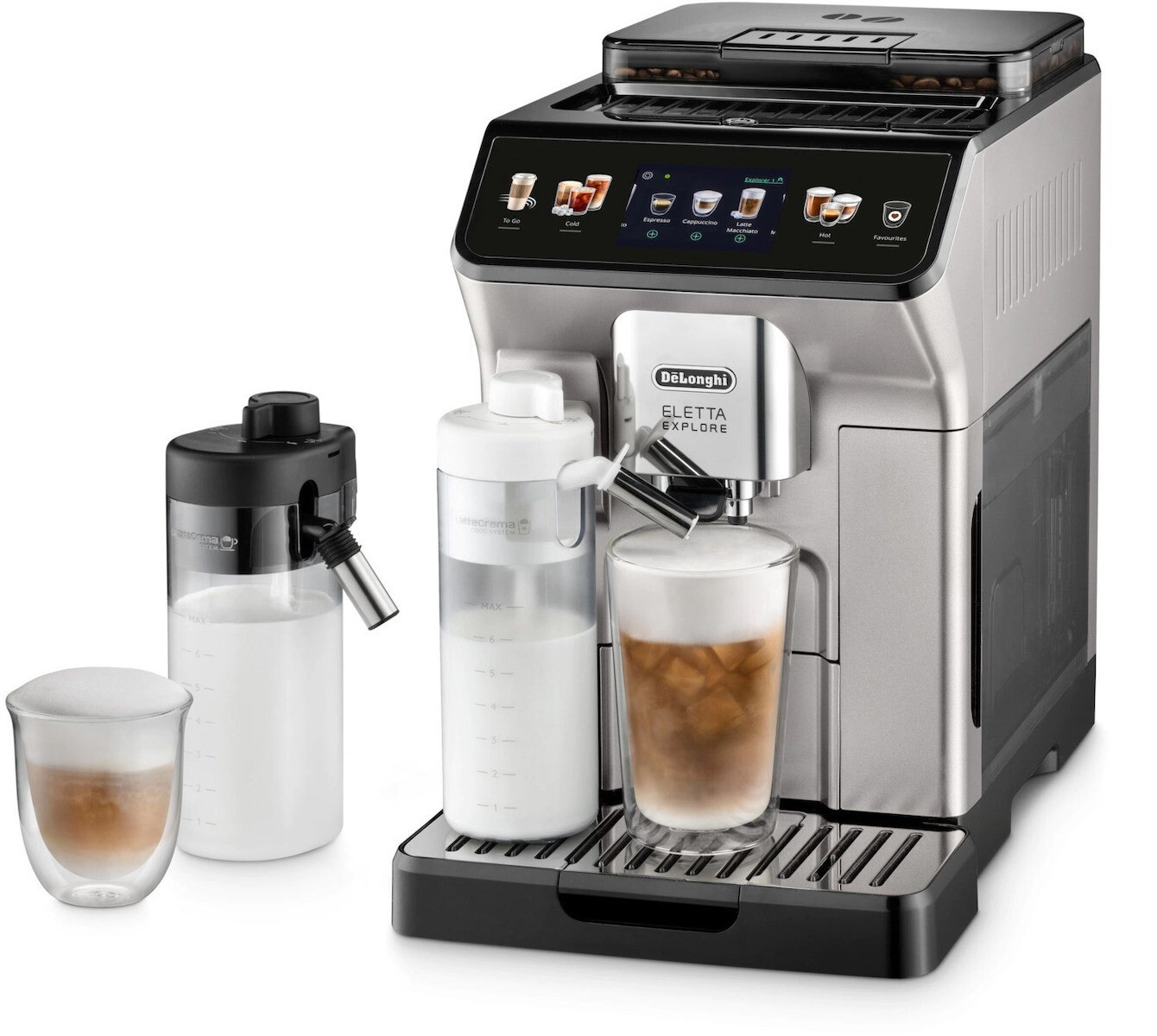 DeLonghi Eletta Explore Αυτόματη Μηχανή Espresso 1450W Πίεσης 19bar για Cappuccino με Μύλο Άλεσης Titanium